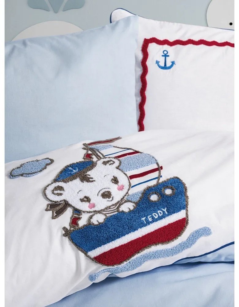 Biele/modré bavlnené detské obliečky do postieľky s plachtou/4-dielne 100x150 cm Miniyo – Mijolnir