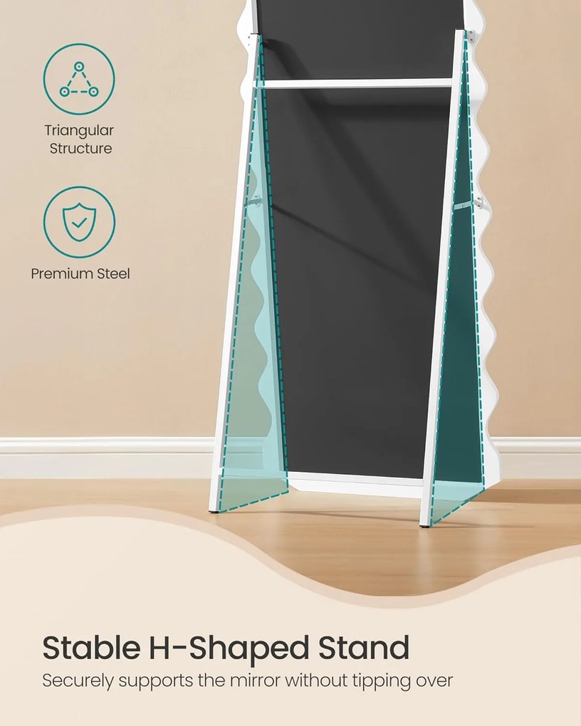 SONGMICS stojanové zrkadlo, vlnité podlahové zrkadlo so stojanom, 160 x 50 cm, biele