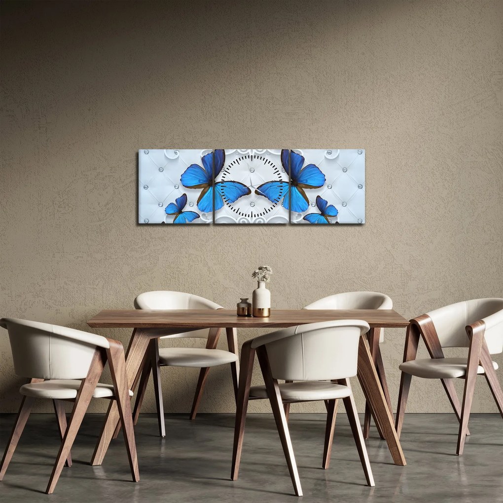 Obraz - Modré motýle (s hodinami) (90x30 cm)