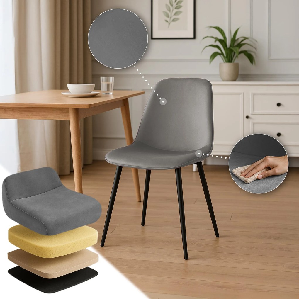 Sada 4 ks jedálenských stoličiek Maryam zamat - svetlosivá