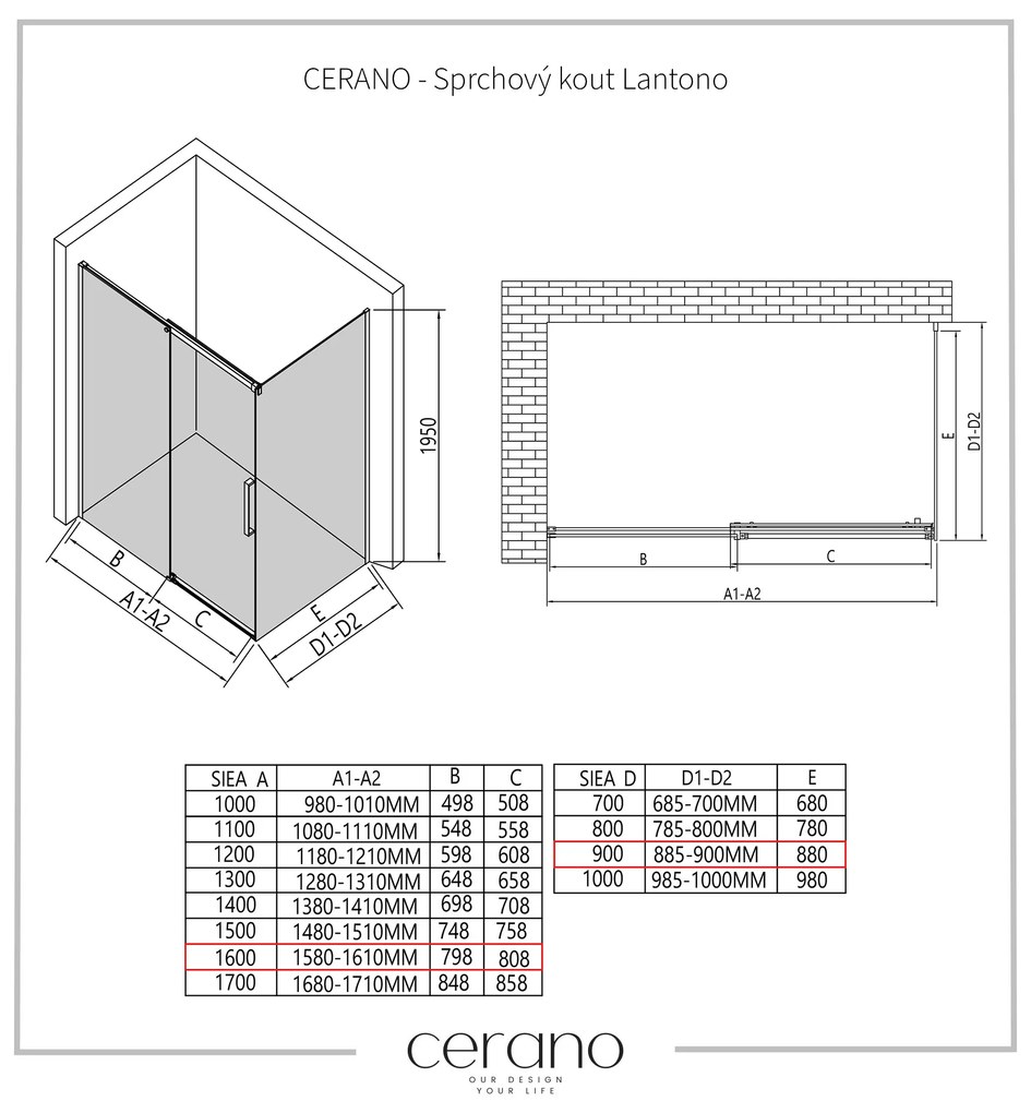 CERANO - Sprchovací kút Lantono L/P - 8 mm - čierna matná, grafitové sklo - 160x90 cm - posuvný, CER-CER-8050BD7537