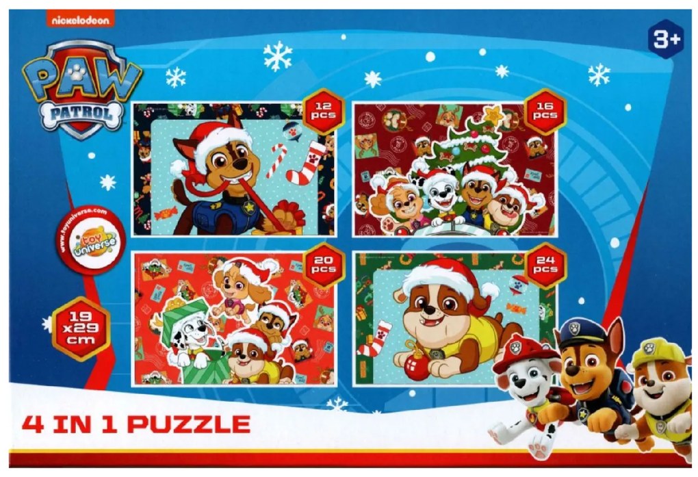 Detské puzzle 4v1 LABKOVÁ PATROLA oslavuje Vianoce, 19x29 cm