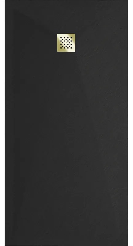 Mexen Stone+, obdĺžniková vanička z minerálneho kompozitu 200 x 90 cm, čierna, zlatá lesklá krytka, 44709020-G