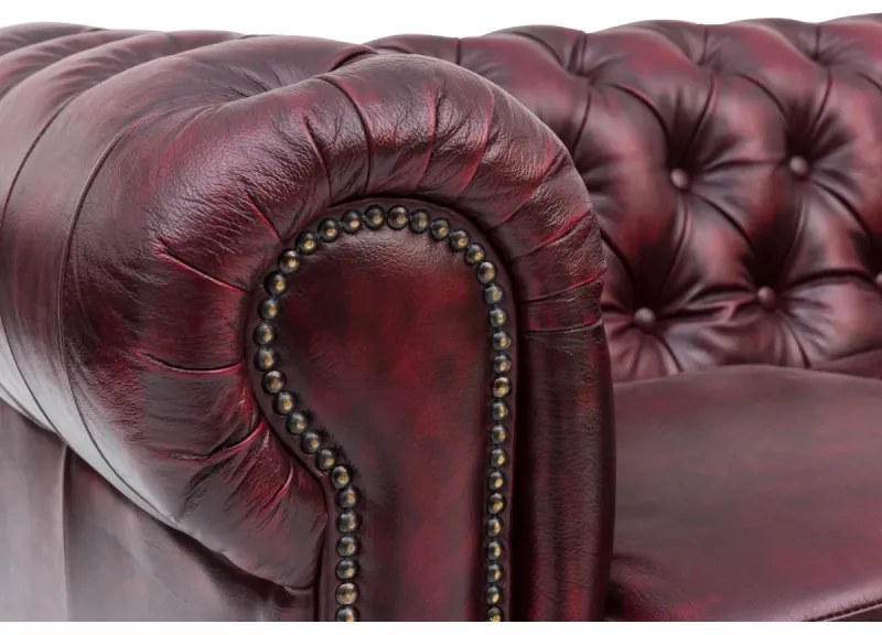 furniture-nabytek.cz - Masívna Chesterfield pohovka, pravá koža, starožitná červená – 352×100×72 cm