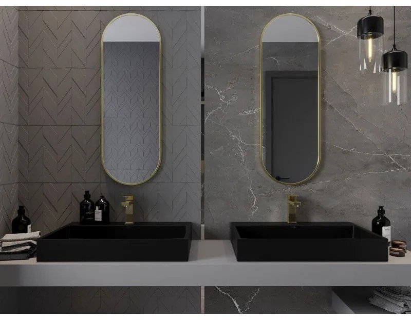 Mexen Loft, oválne kúpeľňové zrkadlo 100 x 35 cm, farba rámu zlatá lesklá, 9851-100-035-000-50