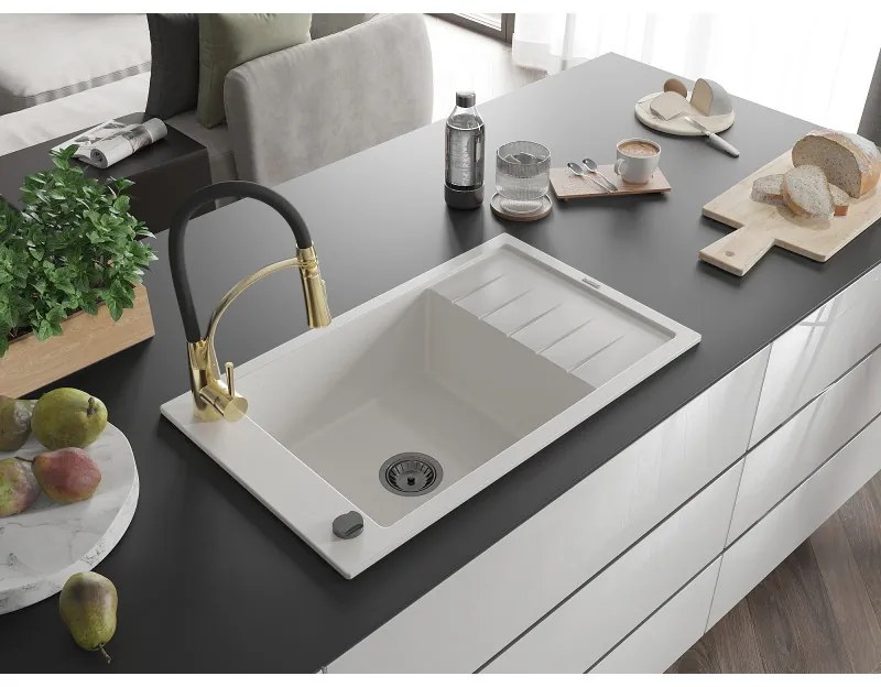 Mexen Elias, 1-komorový granitový drez 795x480x200 mm a drezová batéria Aster, biela, 6511-20-73450-57-B