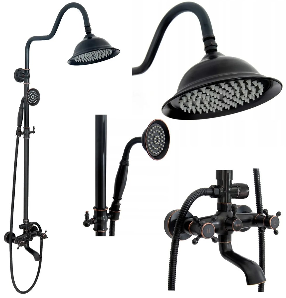 Rea Retro, sprchová súprava s ručnou a dažďovou sprchou a s otočnou vaňovou výlevkou, čierna matná-mosazná, REA-P2366