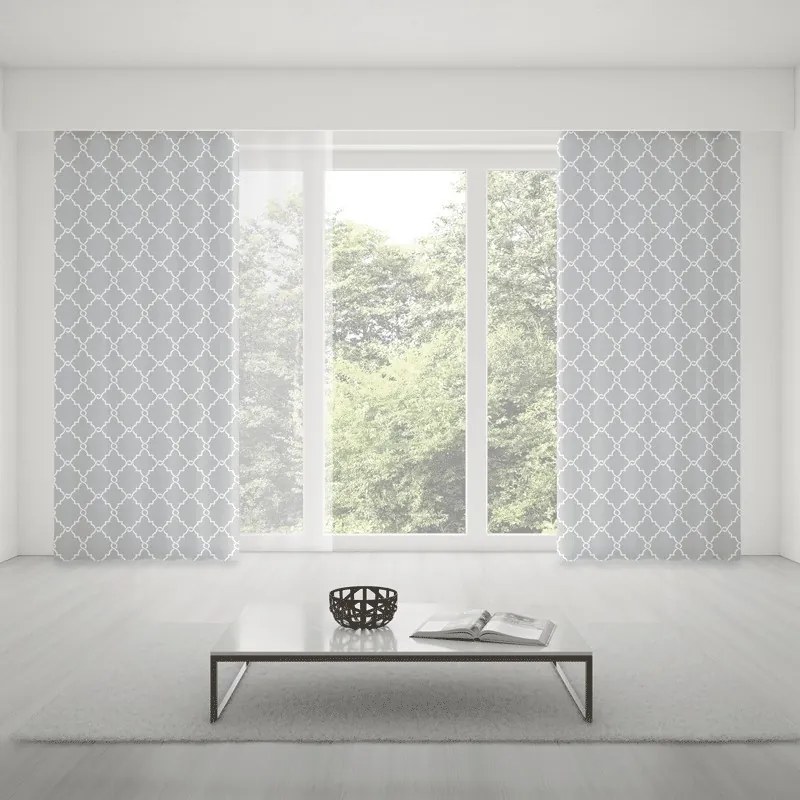 Sivo biele metrážové škandinávske závesy s výrazným vzorom
