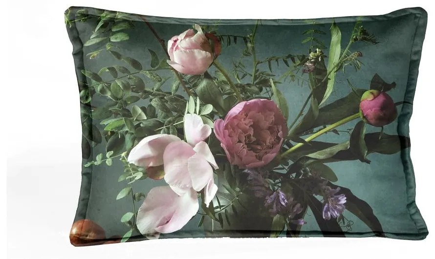 Zelený zamatový vankúš s kvetinovým vzorom Velvet Atelier Bodegon, 50 x 35 cm