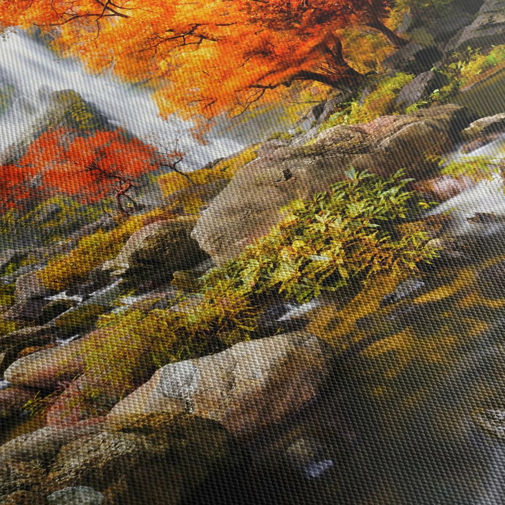 Obraz - Vodopády v oranžovom lese (90x60 cm)