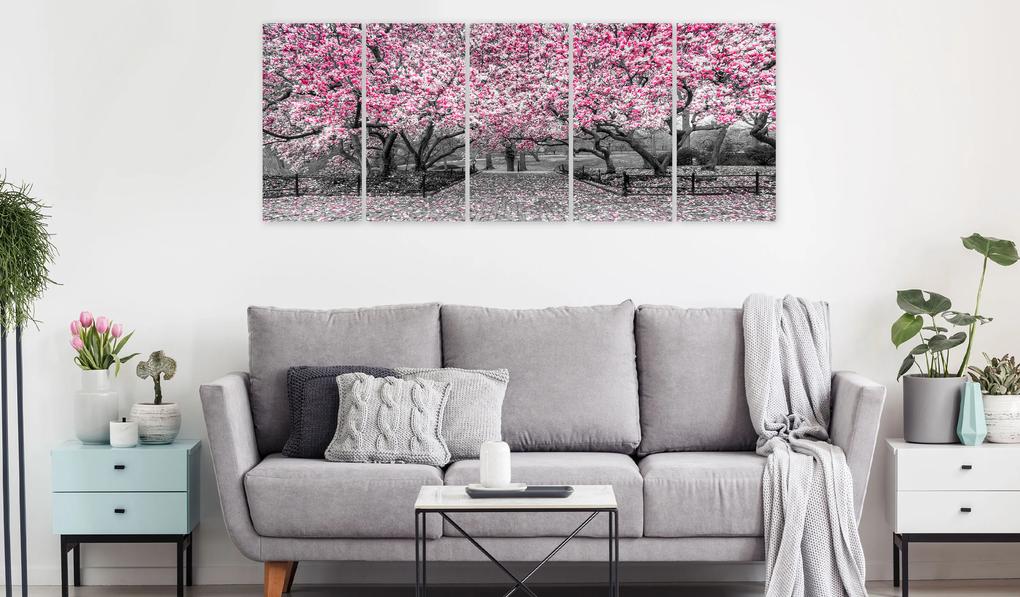 Artgeist Obraz - Magnolia Park (5 Parts) Narrow Pink Veľkosť: 200x80, Verzia: Premium Print