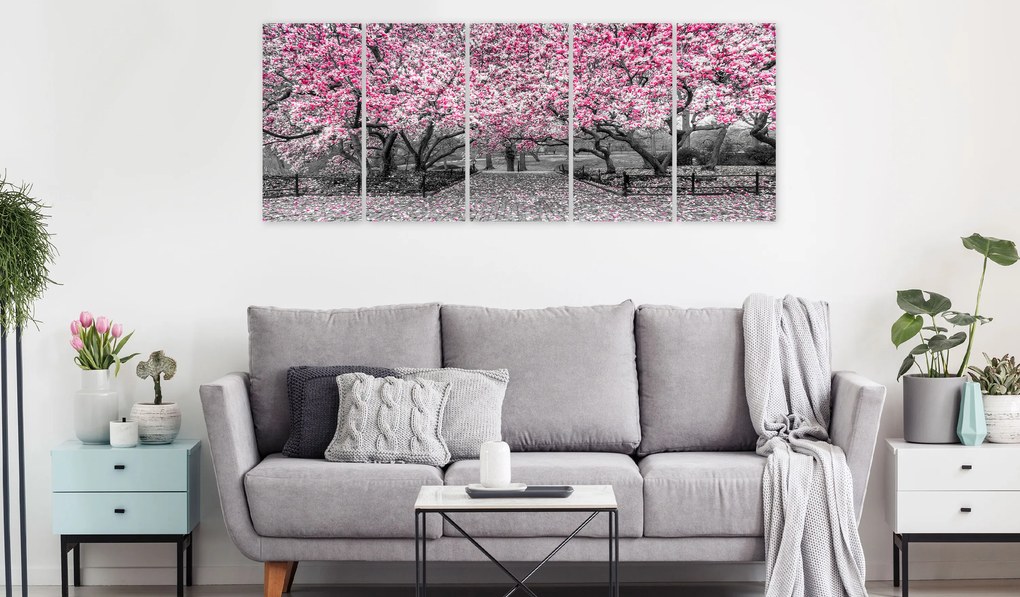 Artgeist Obraz - Magnolia Park (5 Parts) Narrow Pink Veľkosť: 225x90, Verzia: Premium Print