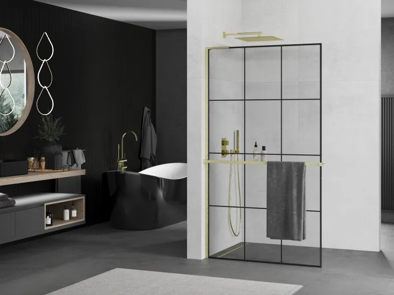 Mexen Kioto+ L, sprchová zástena Walk-In s poličkou a vešiakom 120 x 200 cm, 8mm číre sklo čierny vzor, zlatý matný profil, 800-120-123-55-77