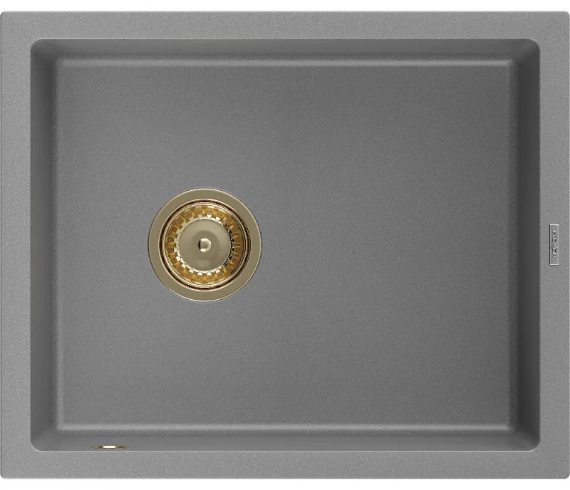 Mexen Pedro, granitový drez 560x460x200 mm, 1-komorový, šedá so zlatým sifónom, 6508561000-71-G