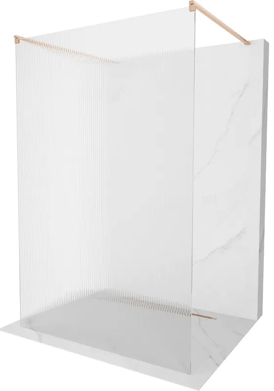 Mexen Kioto, sprchová zástena Walk-In 130 x 200 cm, 8mm sklo s rebrovým vzorom, medený matný profil, 800-130-002-65-09