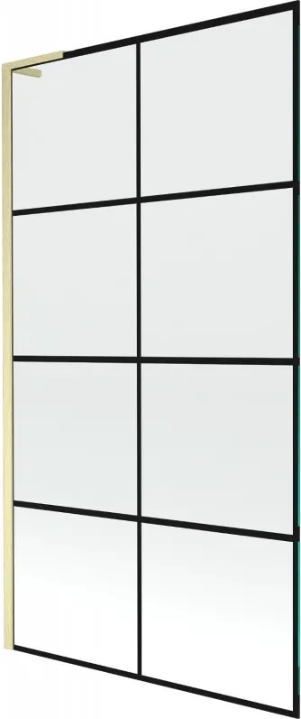 Mexen Next L, 1-krídlová vaňová zástena 100 x 150 cm, 6mm číre sklo-čierny vzor, zlatý matný profil, 895-100-000-03-77-55