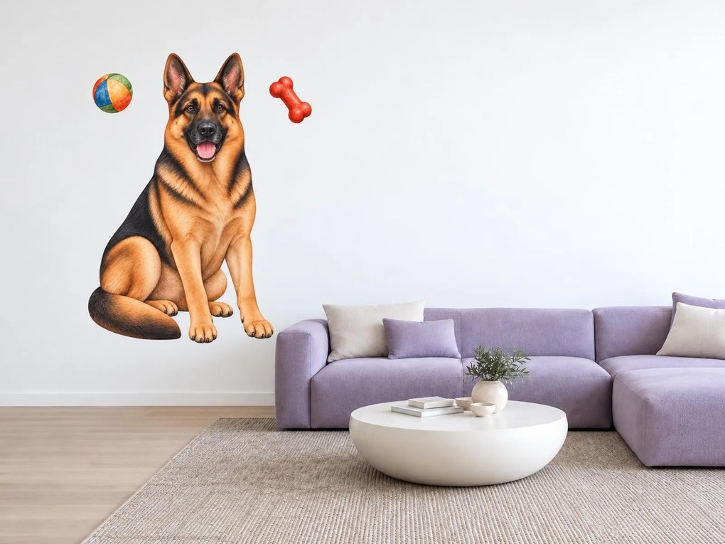 Nemecký ovčiak s loptičkou a kosťou realistické textilné nálepky na stenu pre milovníkov ovčiakov arch 30 x 46 cm