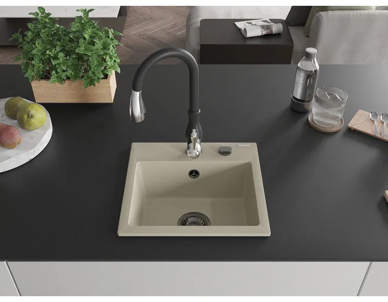 Mexen Milo, 1-komorový granitový drez 435x410x171 mm a drezová batéria Savita, béžová, 6505-69-672601-70
