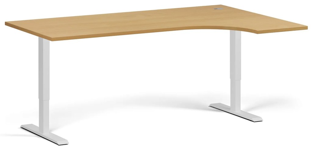 Rohový výškovo nastaviteľný stôl, 180x120 cm, 1 motor, L/P, biela podnož, buk