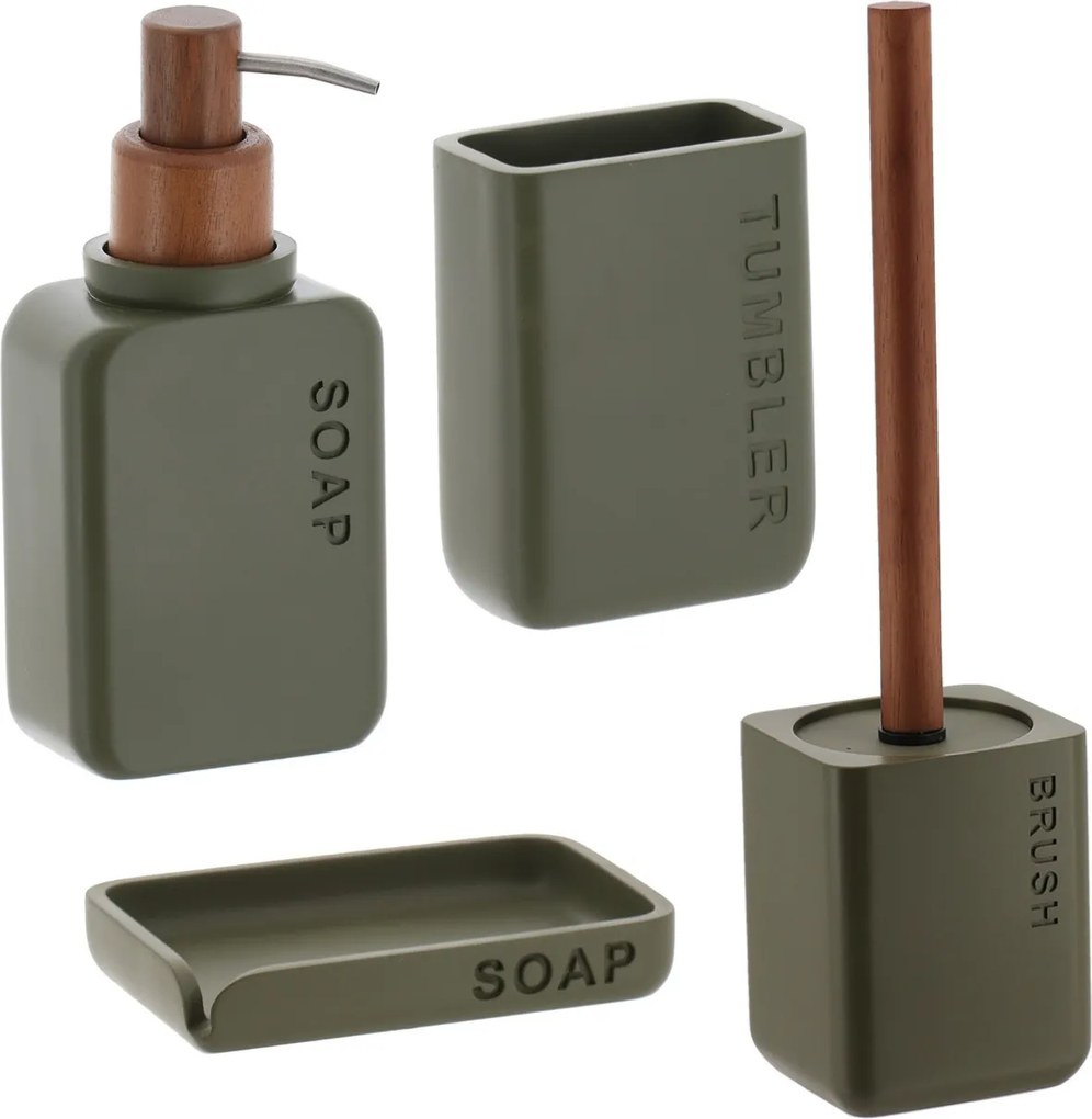 Sada kúpeľňových doplnkov Salva, olivová/s drevenými prvkami