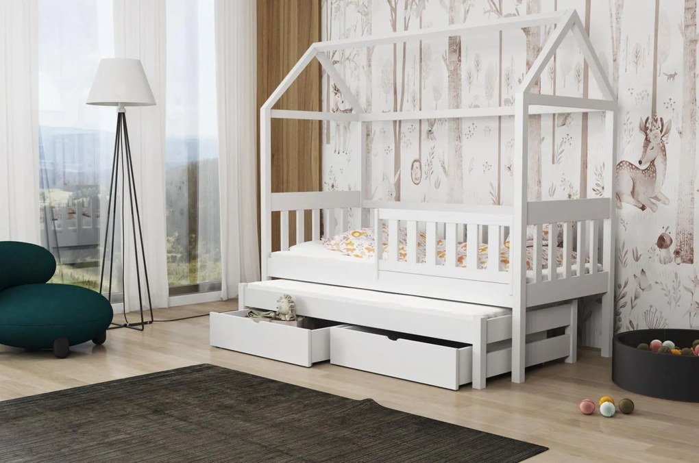 Detská domčeková posteľ z masívu borovice REVOLUT s prístelkou a šuplíky - 200x90 cm - biela