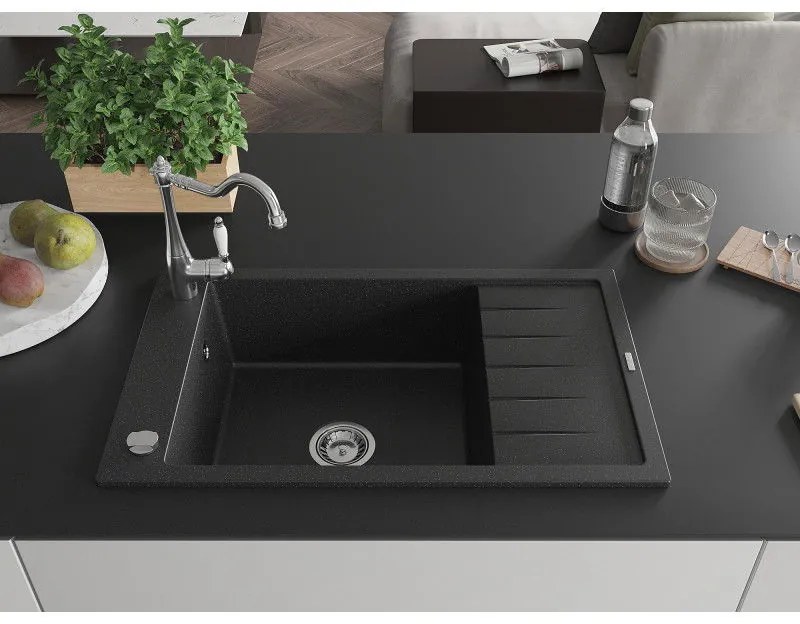Mexen Elias, granitový drez 795x480x200 mm, 1-komorový a drezová batéria Carla, čierna-strieborná metalíza, 6511-73-670700-00