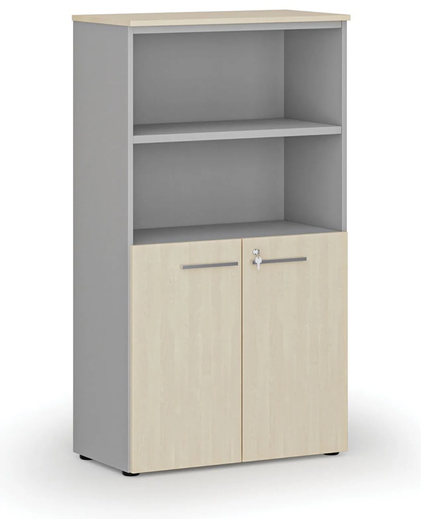 Kombinovaná kancelárska skriňa PRIMO GRAY, dvere na 2 poschodia, 800 x 420 x 1434 mm, sivá/breza