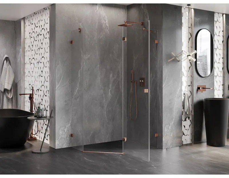 Mexen Lunar, pravý výklopný päťuholníkový sprchový kút 100 x 90 cm, 8mm číre sklo, profil ružové zlato, 831-100P-090L-60-00-P