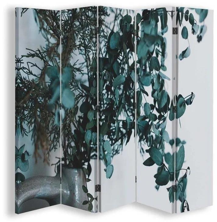 Ozdobný paraván Zelené listy rostlin - 180x170 cm, päťdielny, obojstranný paraván 360°