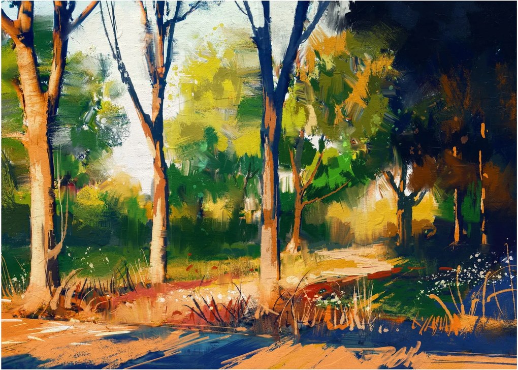 Sklenený obraz lesa v letnom slnku, maľba (70x50 cm)