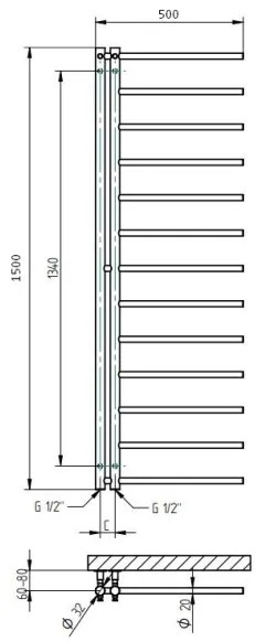 P.M.H. AP2C-L – kúpeľňový rebríkový radiátor APOLLO 219 W, 150 cm, ľavé prevedenie, lesklý chróm