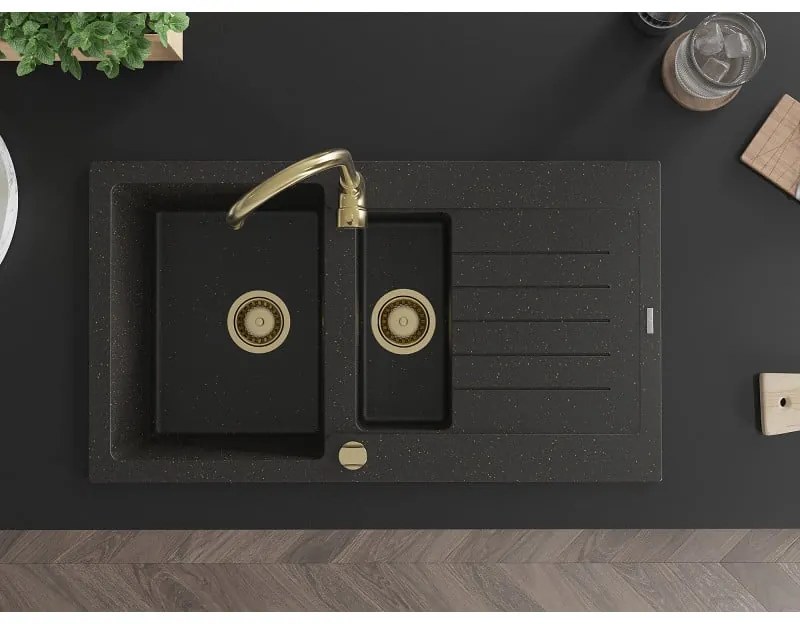 Mexen Matias, 1,5-komorový granitový drez s odkvapkávačom 90x50 cm a kuchynskou batériou Telma, čierna-zlatá, 6502-75-670200-50