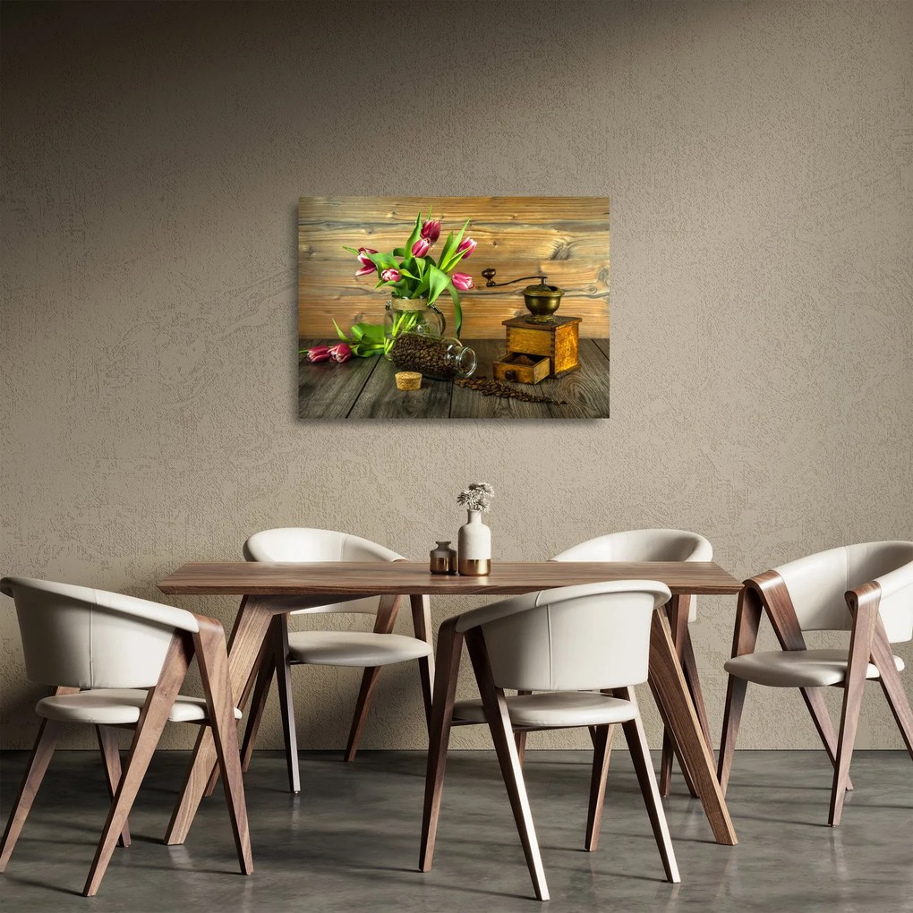 Sklenený obraz - tulipány, mlynček a káva (70x50 cm)