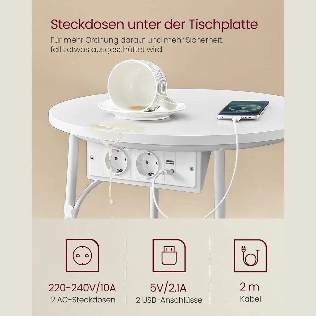 Okrúhly príručný stolík s nabíjacou stanicou, malý stolík so zásuvkou, matná biela a béžová farba