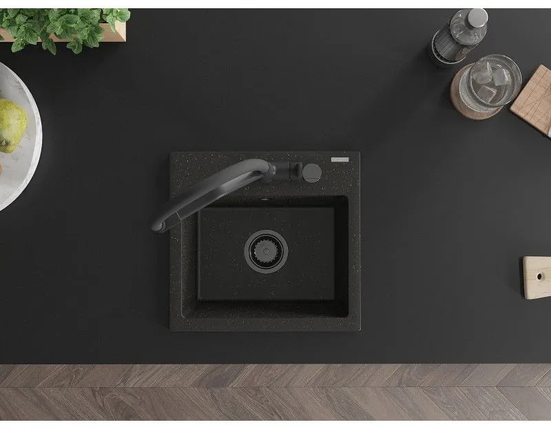 Mexen Milo, granitový drez 435x410x171 mm, 1-komorový a drezová batéria Duo, čierna-zlatá metalíza, 6505-75-671701-70-B