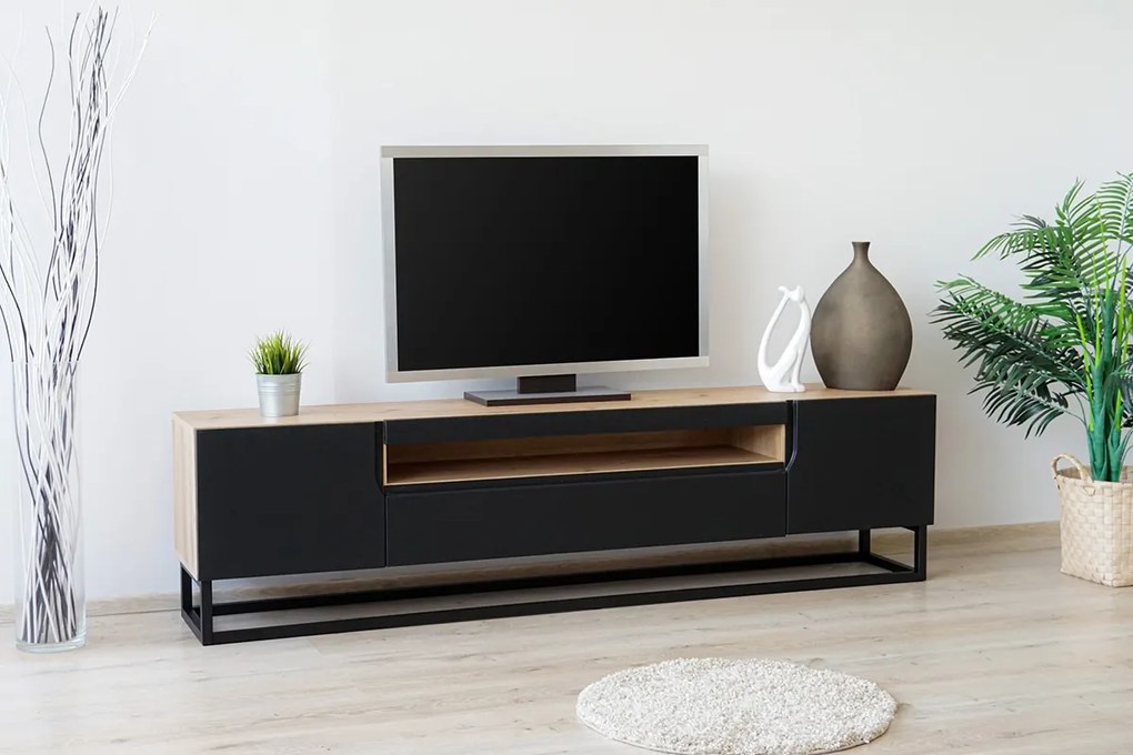 TV skrinka s kovovou podstavou Loftia - artisan/čierny mat