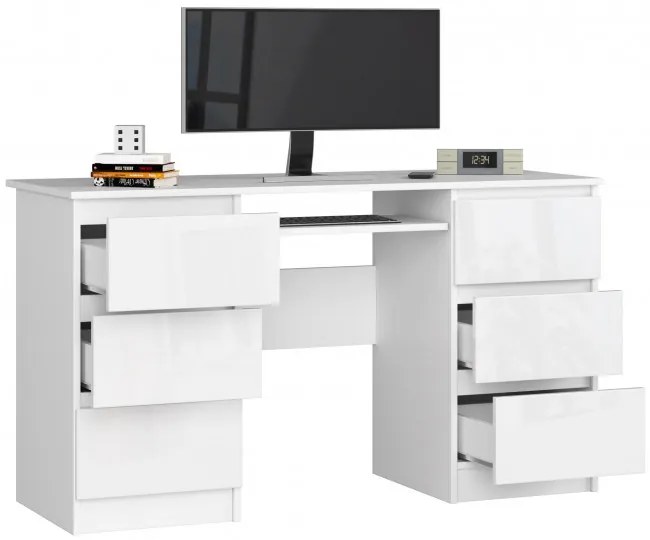Kancelársky stôl A-11 135 cm 6SZ, biely / biely lesk