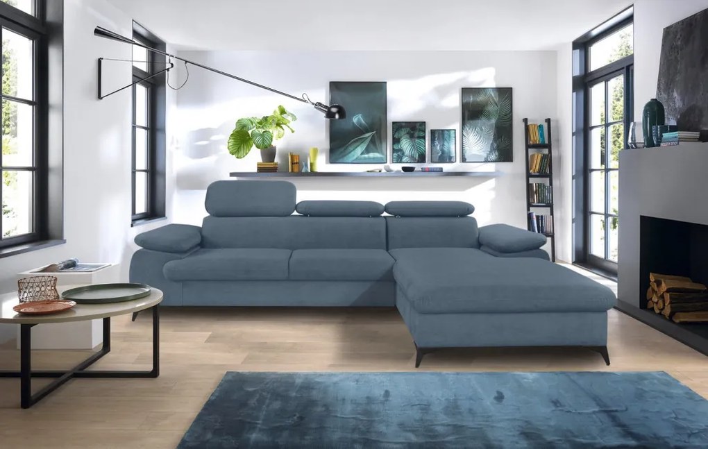 Rohová sedacia súprava Scala, denimovo modrá látka, pravý roh