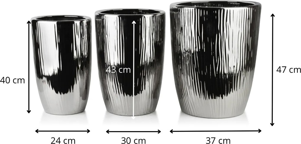 Sada 3 ks keramických květináčů NEVA SILVER XII stříbrná