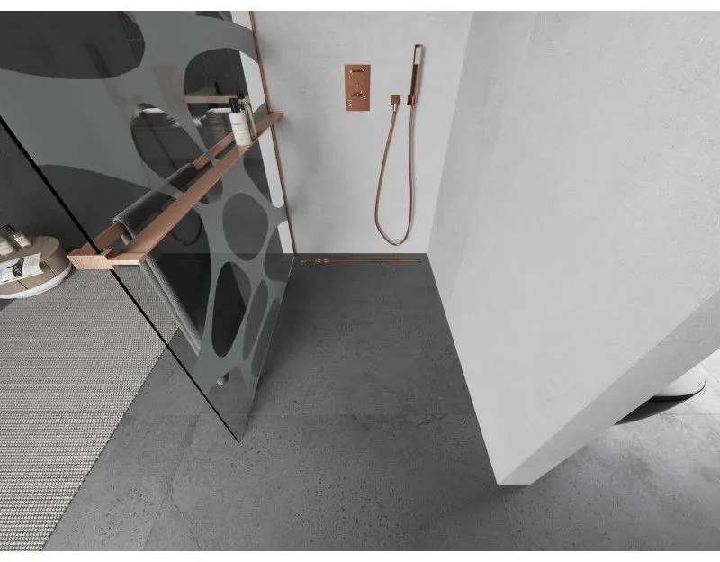 Mexen Kioto+, sprchová zástena Walk-In s poličkou a vešiakom 80 x 200 cm, 8mm číre sklo biely vzor, medený matný profil, 800-080-121-65-97