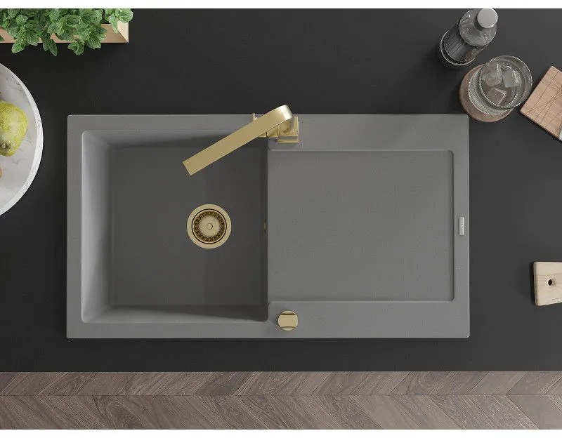 Mexen Leo, drez granitový 900x500x190 mm, 1-komorový, šedý so zlatým sifónom a zlatá drezová batéria Rita, 6501-71-670300-50