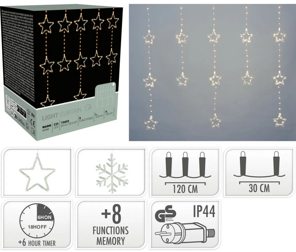 Svetelný vonkajší záves Stars, 120x120 cm, LED, teplá biela, časovač, 8 funkcií, 120 cm