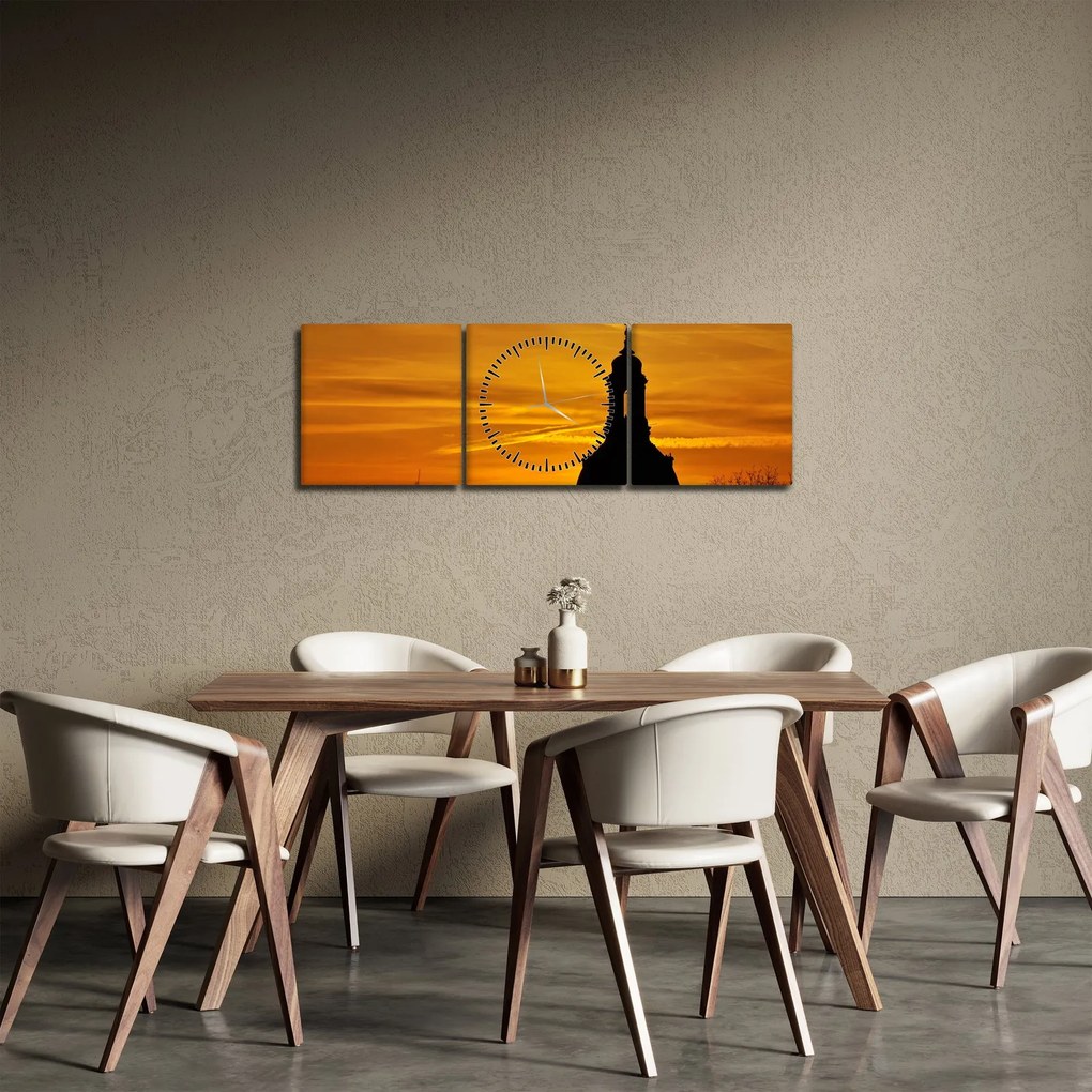 Obraz kostola pri západe slnka (s hodinami) (90x30 cm)