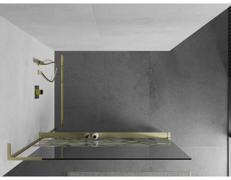 Mexen Kioto+ L, sprchová zástena Walk-In s poličkou a vešiakom 110 x 200 cm, 8mm číre sklo biely vzor, zlatý matný profil, 800-110-123-55-85