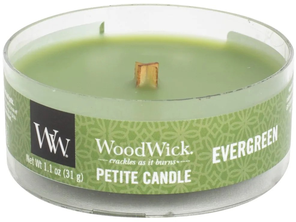 WoodWick vonná sviečka Petite Evergreen