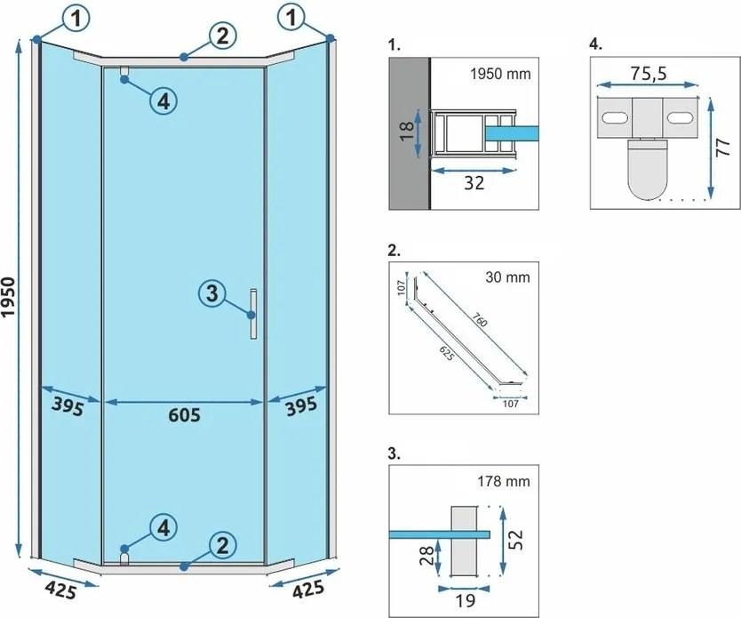 Päťuholníkový sprchovací kút REA AXIN 90x90 cm, chróm/transparent + vanička Diamond čierna