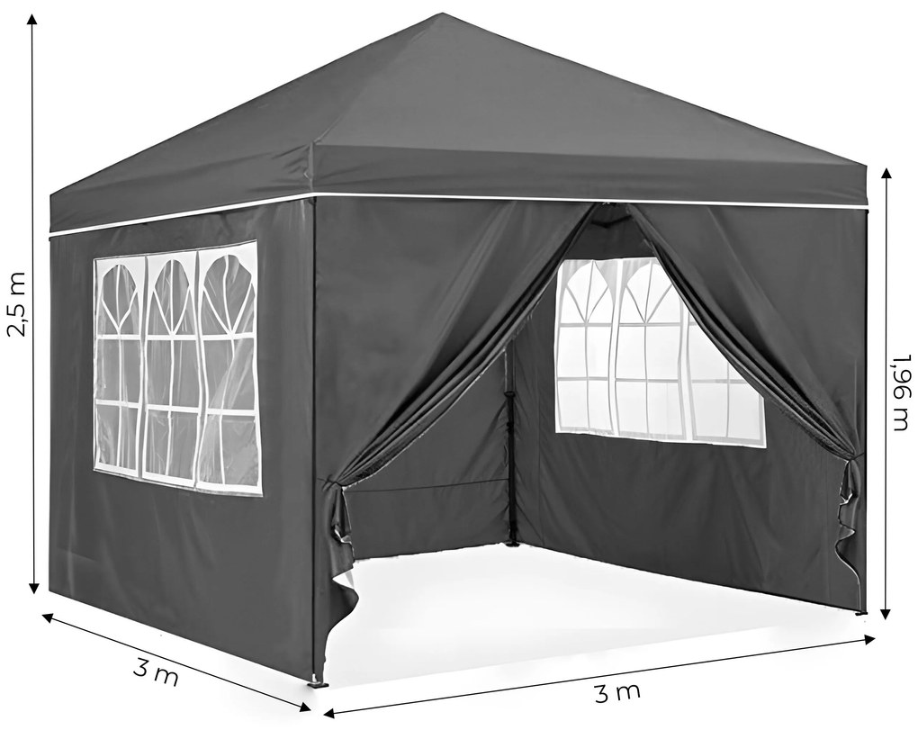 Záhradný pavilónový stan 3x3 m, automaticky rozkladací, sivý, MultiGarden