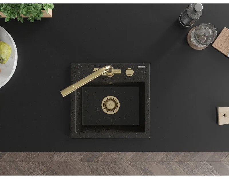 Mexen Milo, granitový drez 435x410x171 mm, 1-komorový a zlatá batéria Duero, čierna - zlatá metalíza, 6505-75-671600-50