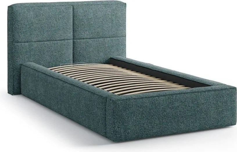 Tyrkysovomodrá čalúnená jednolôžková posteľ s úložným priestorom s roštom 90x200 cm Darren – Micadoni