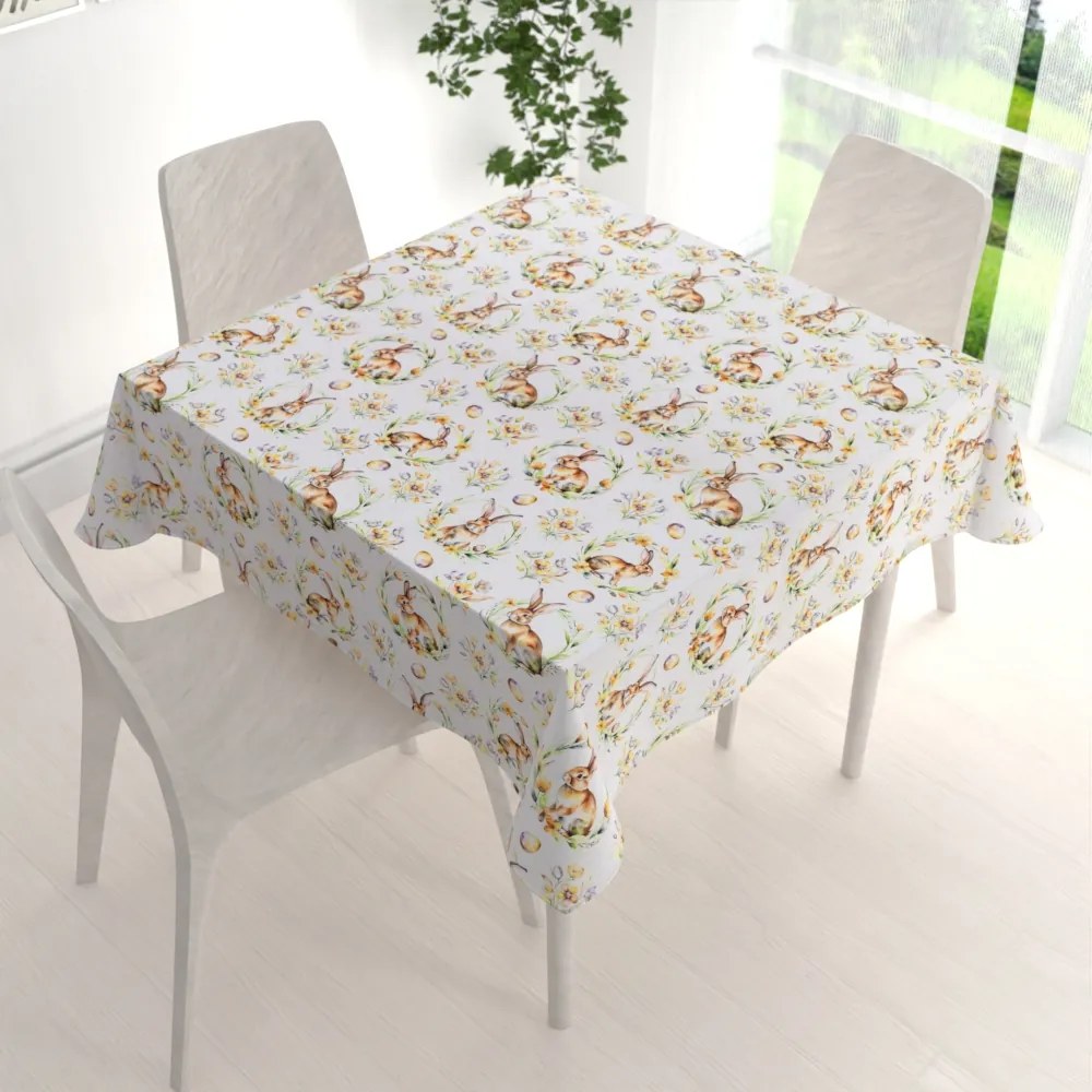 Biante Veľkonočný teflónový štvorcový obrus TF-107 Zajačiky na bielom 110x110 cm